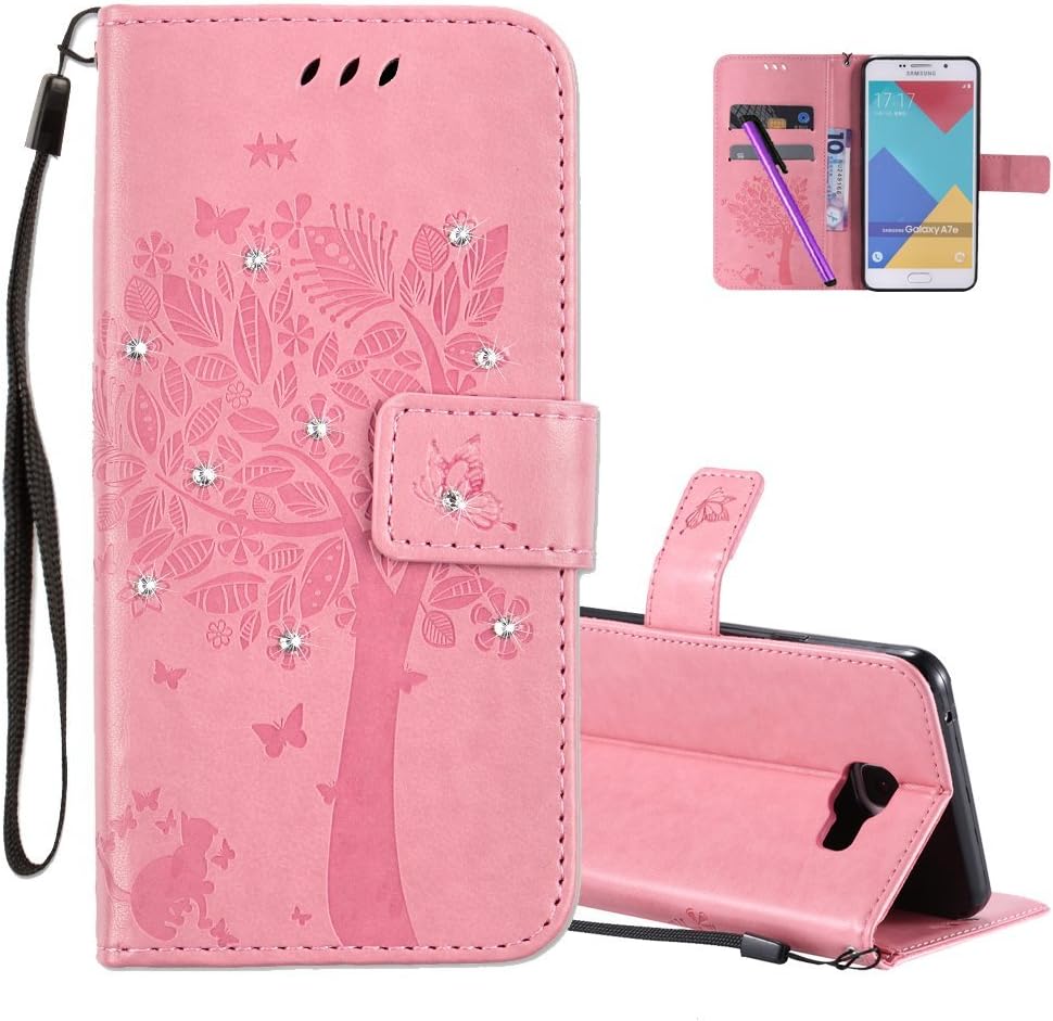 HMTECHUS Galaxy A7 2016 case A710 case 3D Crystal Embossed Love Tree Cat Butterfly Handmade Bling PU Flip Stand Card Holders Wallet Cover for Samsung Galaxy A710 Wishing Tree Diamonds Pink KT