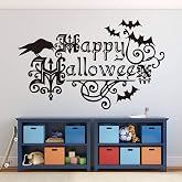 Eutecado Scary Halloween Wall Stickers, Happy Halloween Letterings Wall Decals Bats Crows Window Home Decoration Decals, Removable Gothic Home Party Decor