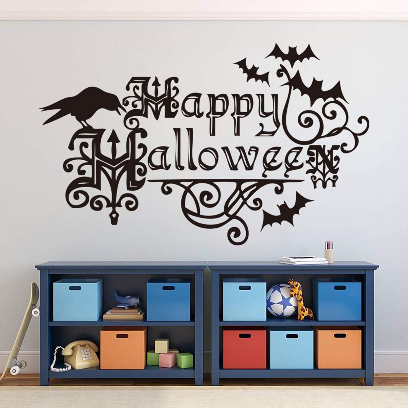 Photo 1 of Eutecado Scary Halloween Wall Stickers, Happy Halloween Letterings Wall Decals Bats Crows Window Home Decoration Decals, Removable Gothic Home Party Decor