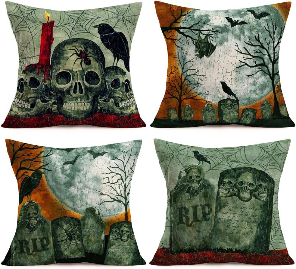Aremetop Set of 4 Vintage Halloween Throw Pillow Covers Crimson Eve Outdoor Decor Pillowcases Cotton Linen Rustic Tombstone Skull Spider Crow Bat Throw Pillow Case Cushion Cover for Bedroom 18’’x18’’