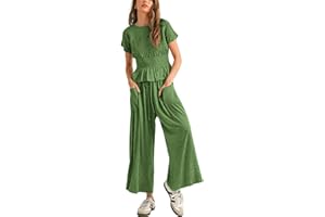 Antnation Womens 2 Piece Smocked Top Wide-Leg Pants Set High-Waisted Lounge Outfit with Pockets Casual Boho Matching Set
