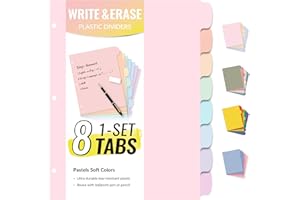 Sooez 8 Tabs Long-Lasting Plastic Write & Erase Large Tabs Dividers for 3 Ring Binder, Aesthetic Cute Pastels Binder Dividers for Student, Teacher, Office, Home Organizers, 1 Set, Pastels Color