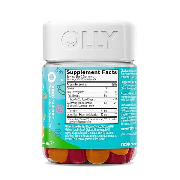 OLLY KIDS CHILLAX GUMMY, FOR A CALM AND RELAXED MOOD*, MAGNESIUM, L-THEANINE, LEMON BALM EXTRACT, CHEWABLE SUPPLEMENT, SHERBET FLAVORED, 25 DAY SUPPLY – 50 COUNT (PACKAGING MAY VARY)