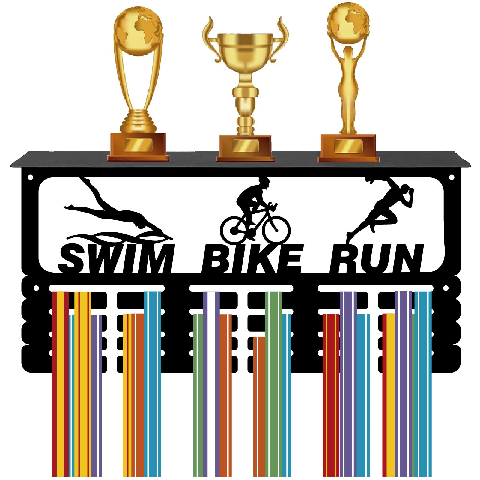 CREATCABIN Swim Bike Run Medal Hanger Display Trophy Shelf Medal Holder with Shelf Stand Sports 4 Rows Metal Hanging Wall Mount Hold 70+ Medals for Triathlon Competition Ribbon Medals 15.7x7.9Inch