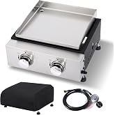 LMNOCHM 2-Burner Propane Griddle with Storage Cover, Portable Camping Griddle with Stainless Steel Cooking Surface, 20,000 BTU Tabletop Gas Griddle for Outdoor BBQ, Tailgating, RV Trips