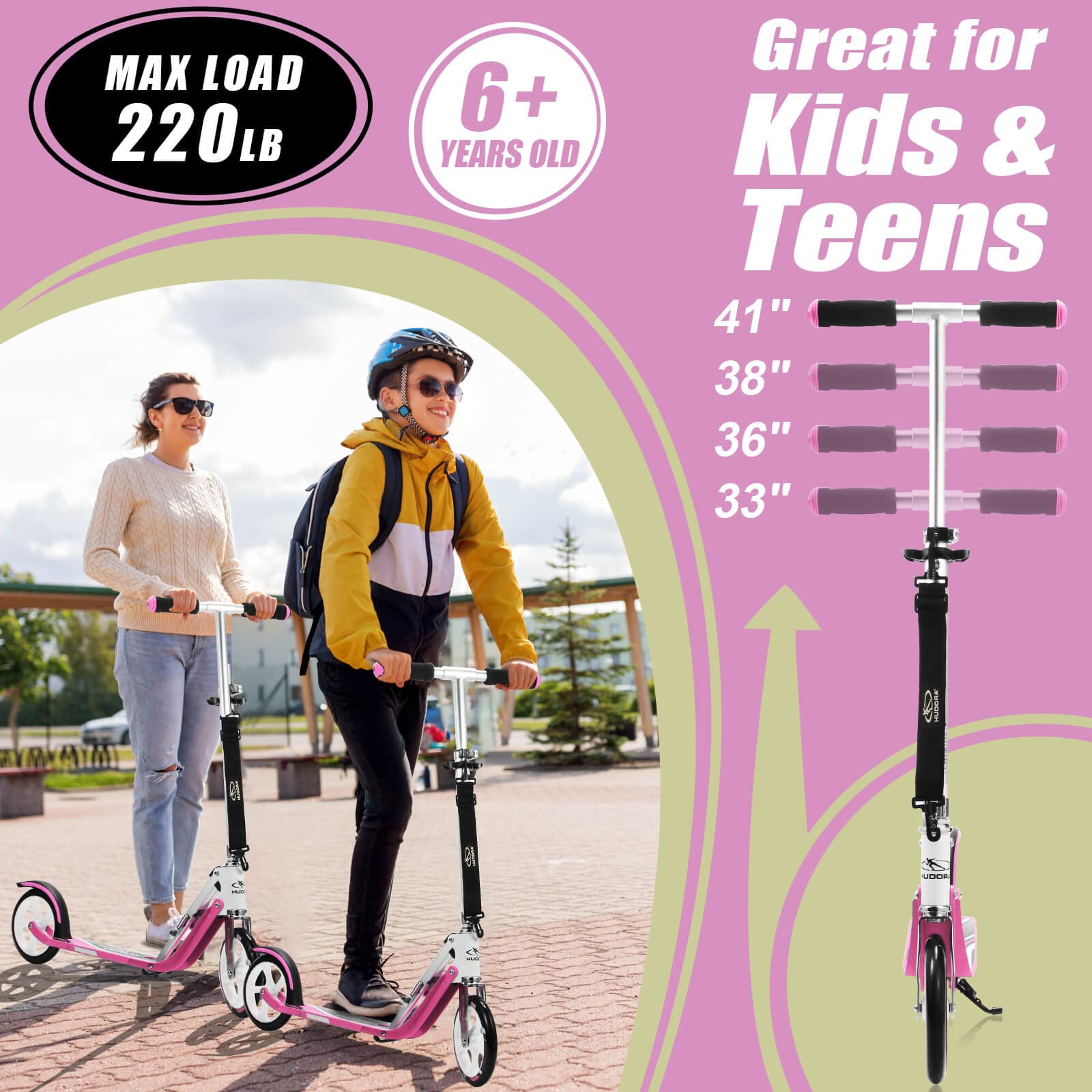 HUDORA Scooter for Kids & Teens - Ages 6-12, Adult Scooter with Big Wheels, Lightweight Durable All-Aluminum Frame