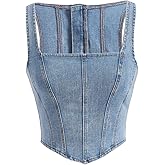 WDIRARA Women's Square Neck Sleeveless Zip Back Asymmetrical Denim Tank Crop Top