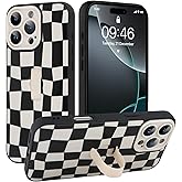 SOKAD for iPhone 16 Pro Max Case with Finger Strap Kickstand, Cute Checkered Checkerboard Phone Case with Finger Hand for Women Men, Slim Full Camera Protection Shockproof Case, Black & White
