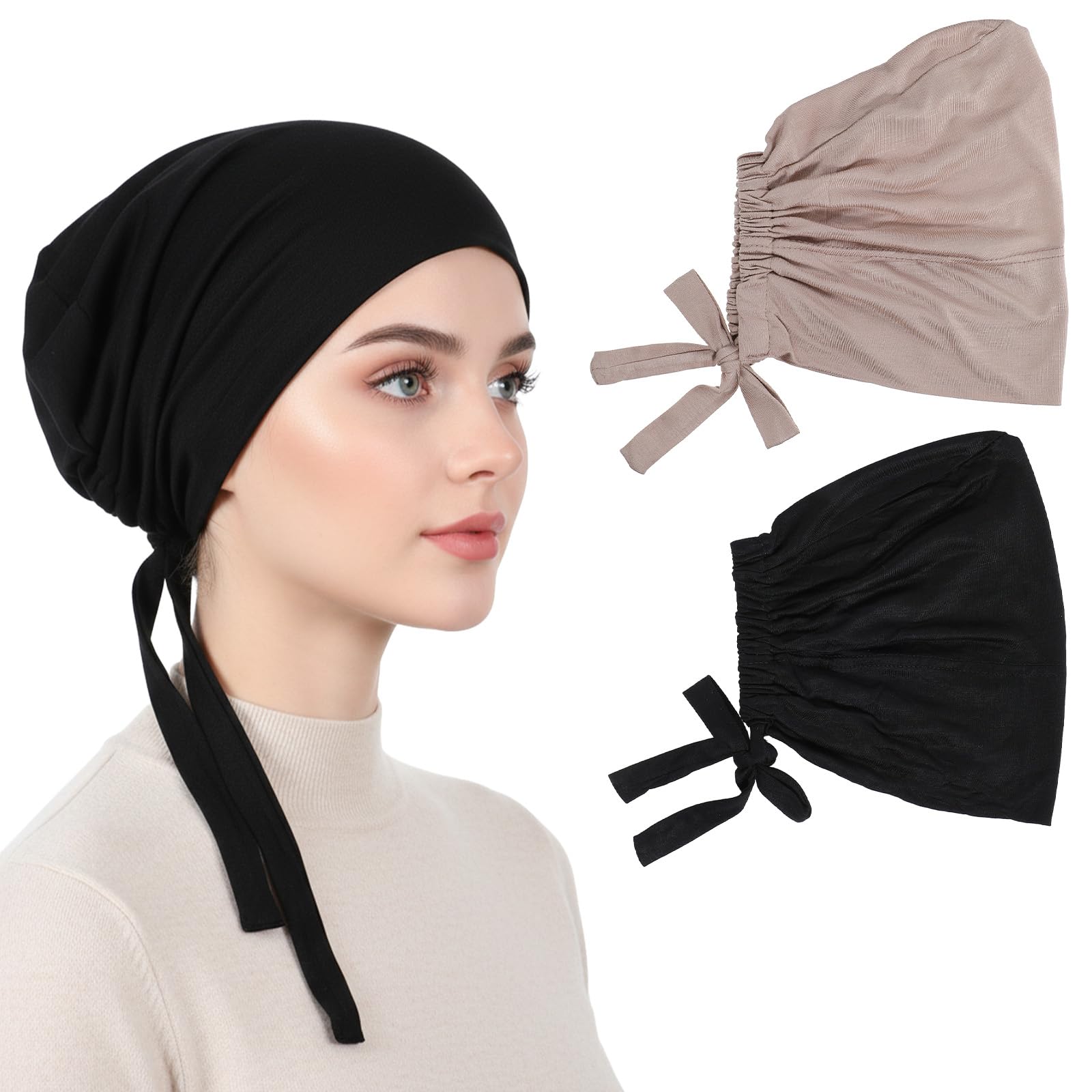 Photo 1 of 2-Pack Women's No-Slip Undercap & Scarf Set Chiffon Cotton Lightweight Head Cover for Sports, Ready-to-Wear Underscarf with Crown Grip, Black Headbands & Bun Cover