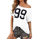 LilyCoco Womens Off The Shoulder Graphic Tees Casual Short Sleeve Asymmetrical Top