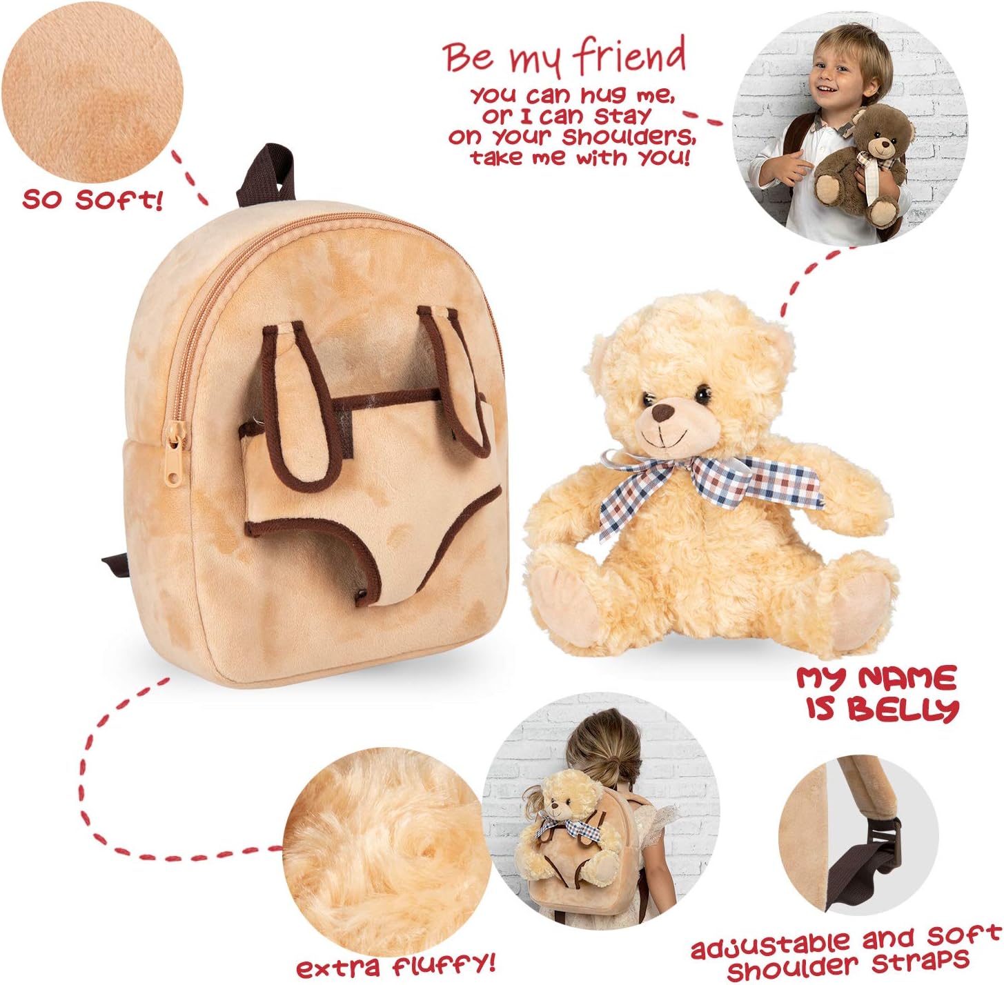 PERLETTI Plush Teddy Bear Backpack for Kids with Fluffy Stuffed Puppet - Image 4