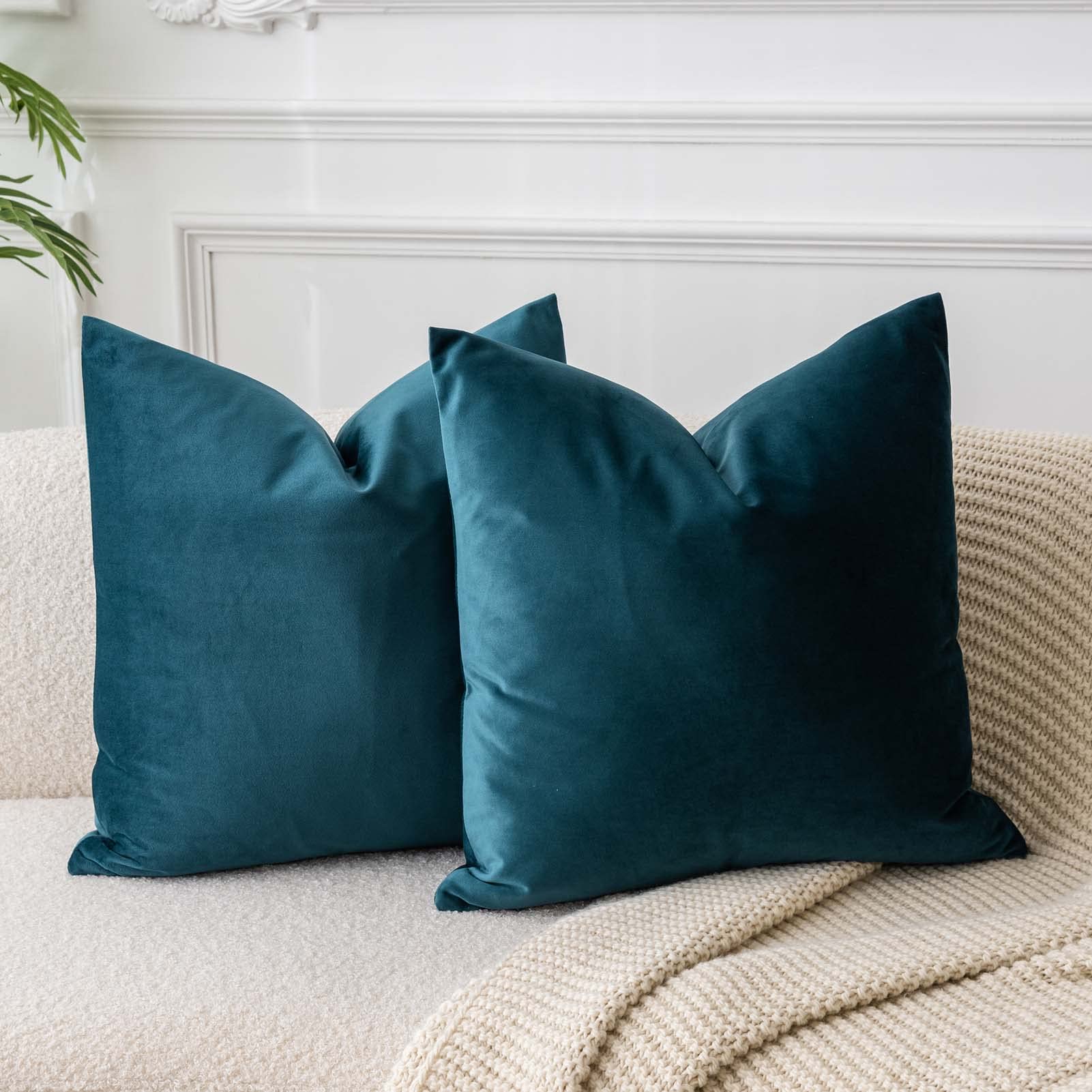 Photo 1 of JUSPURBET Peacock Blue Throw Pillow Covers Set of 2 Decorative 26x26 Velvet Pillow Covers for Couch Sofa Bed Soft Cushion Covers Cases with Invisible Zipper for Living Room Home Decor