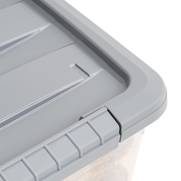 AMAZON BASICS PLASTIC STORAGE CONTAINERS WITH SECURE LATCHING LIDS, STACKABLE ORGANIZATION BINS FOR ORGANIZING, CLEAR/GREY, 12 QUART, SET OF 6