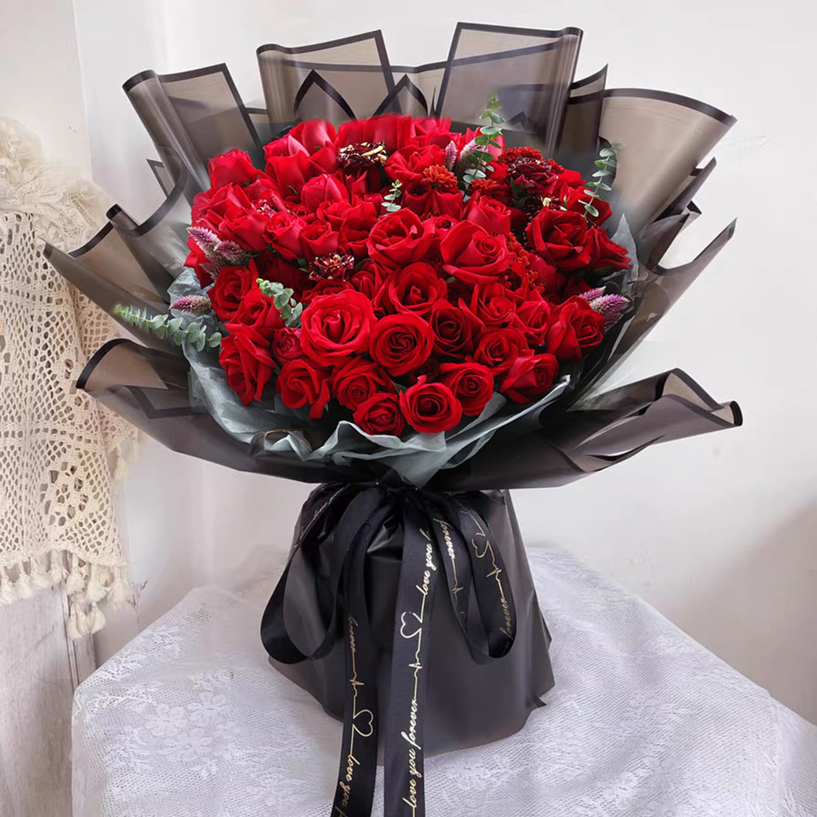 Kosotody 20 Sheets Frosted Flower Wrapping Paper Black Line Waterproof Florist Bouquet with Ribbon for Bouquets DIY Crafts Packaging Bouquet, 22.8x22.8 inch (Black), KOS039-FROSTWRAPSWHITE