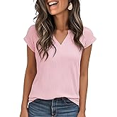 Jouica Women's Short Sleeve Dressy Tops V-Neck Textured Tops Cute Summer Tops 2025 Basic T-Shirts Work Blouses