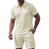 JMIERR Mens 2 Piece Jacquard Knit Outfits 1/4 Zip Golf Polo Shirt Shorts Set Casual Tracksuits for Beach Daily