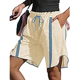Fisoew Womens Baggy Cargo Shorts Casual Wide Leg Knee Length Drawstring Elastic Waist Workout Running Athletic Yoga Shorts