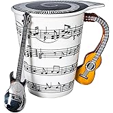Guitar Novelty Mug Unique Musical Gift Coffee Cup with Cool Music Themed Lid & Guitar Handle Design & Guitar Spoon, Great Gifts for Music Teachers,&guitarLoversfor Holidays,Fathers Day,Men,Woman