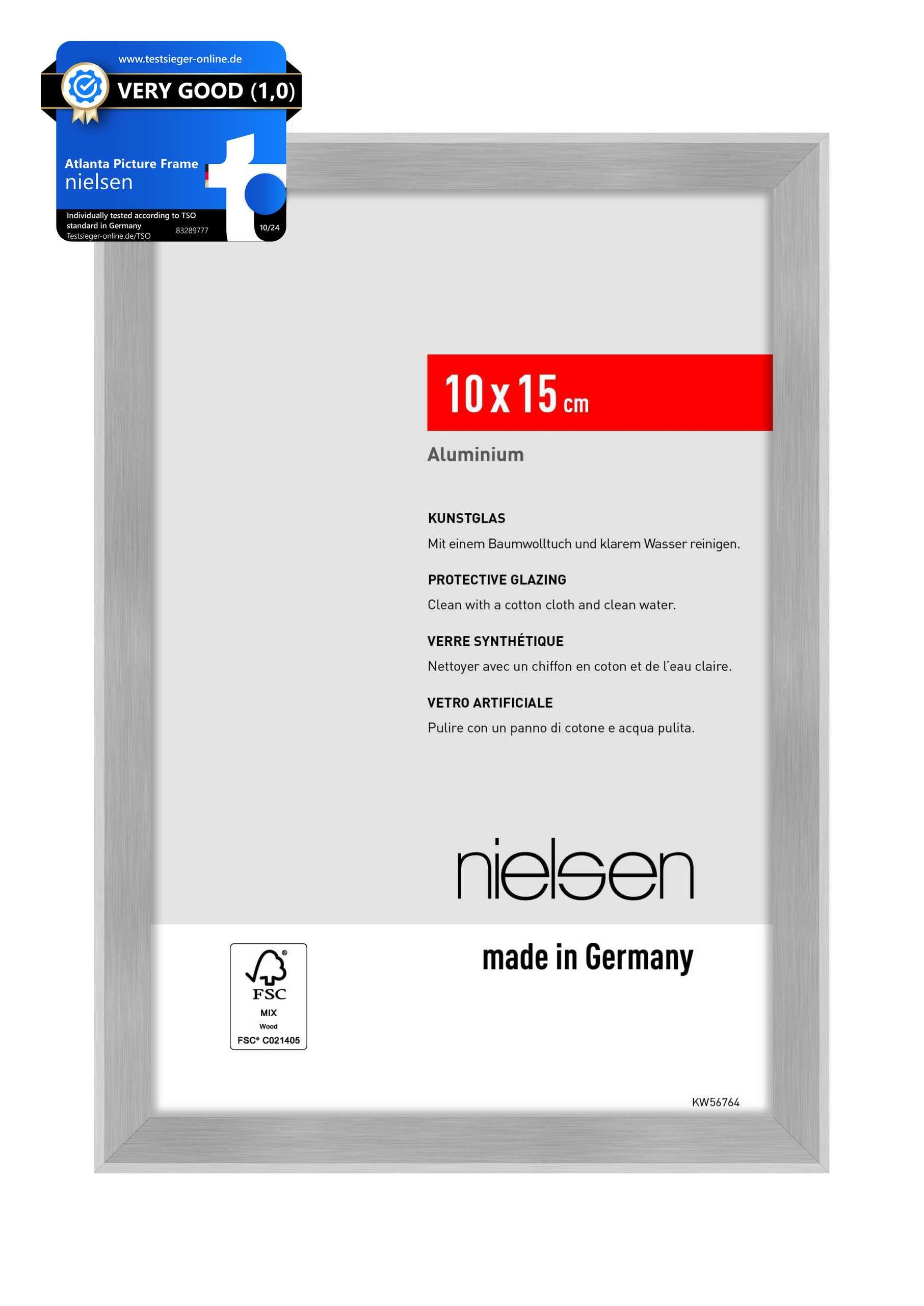 nielsen Atlanta Aluminium Picture Frame - Brushed Silver 4x6in, 10x15cm - with Synthetic Glass and Push-Turn Clips