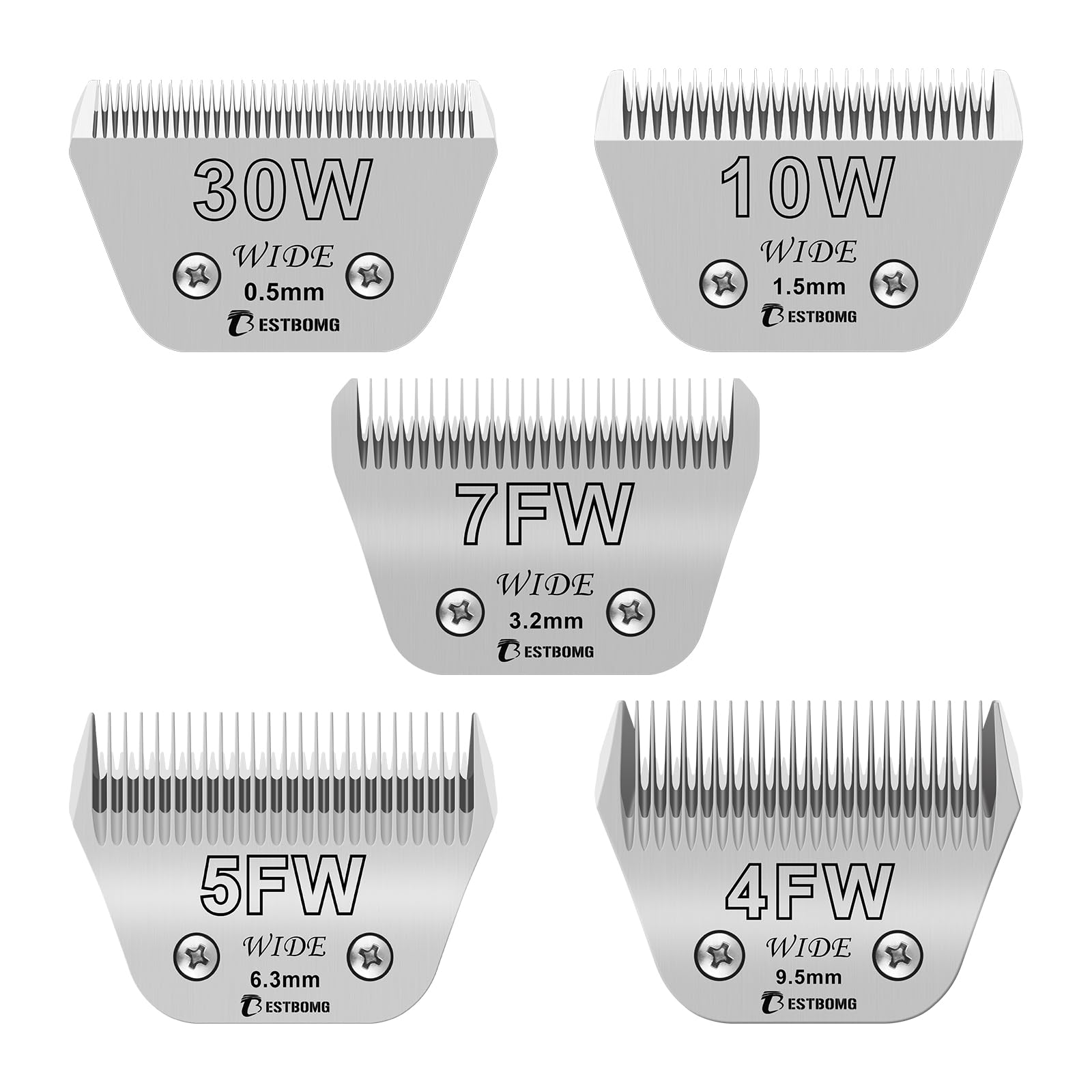 BESTBOMG 5 Pack Dog Grooming Replacement Wide Blade Compatible with Andis/Wahl/Oster Dog Clippers (10W+30W+7FW+5FW+4FW)
