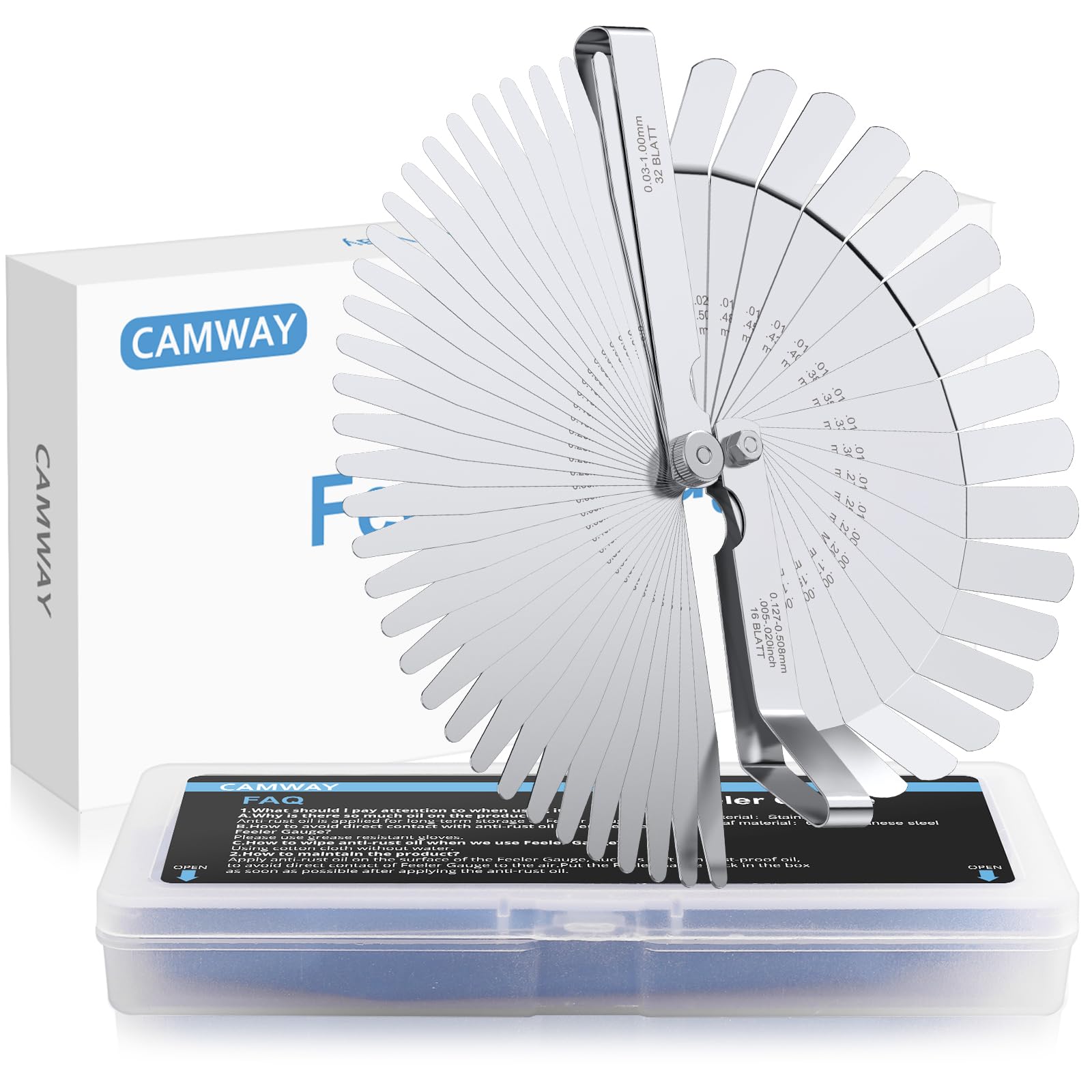 CAMWAY Feeler Gauge Set, Stainless Steel Metric/Inch 32-Piece Tapered Feeler Gauge and 16-Piece Bent Feeler Gauge 45º Blades Offset for Measuring Gap Width/Thickness Measuring Tools