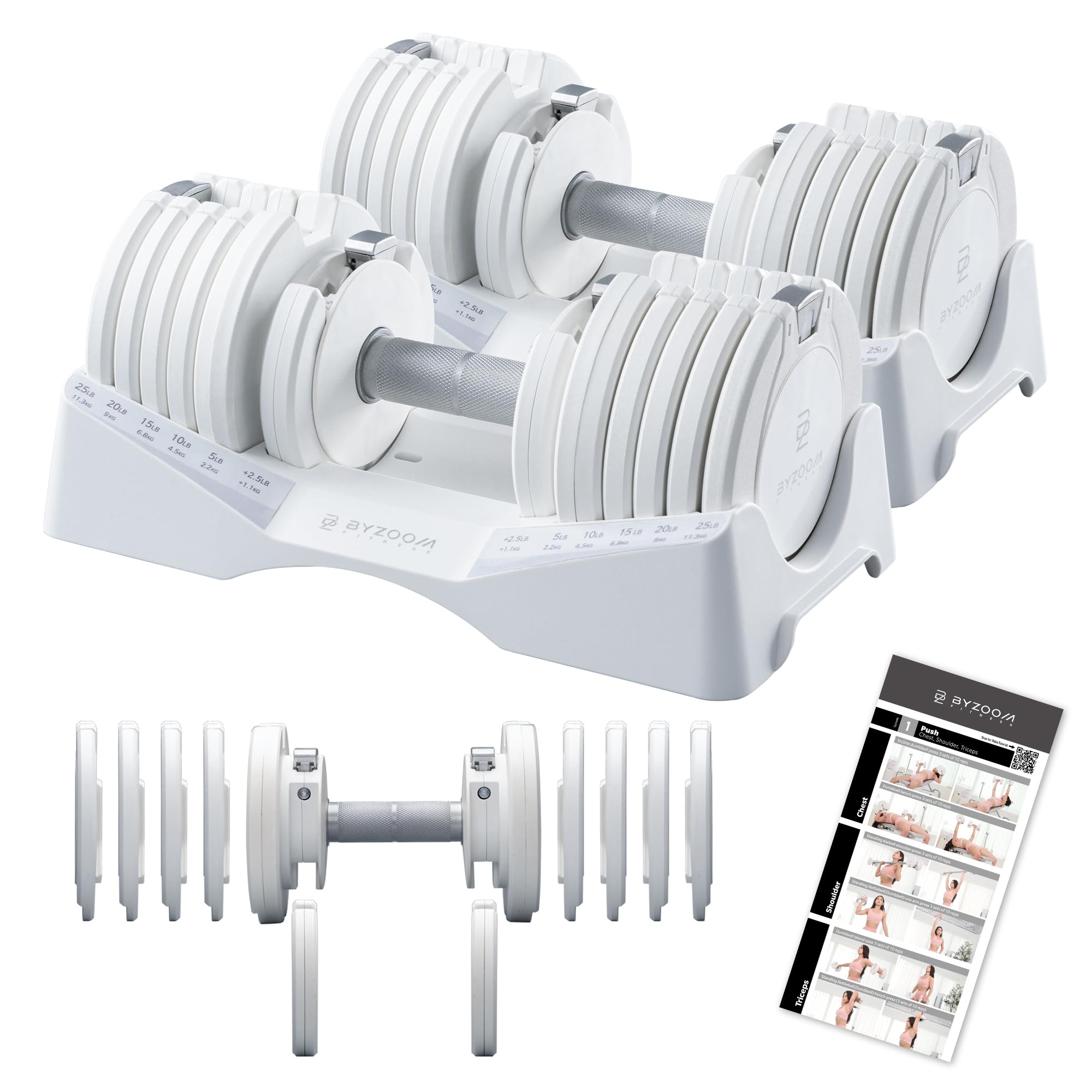 Photo 1 of  **BRAND NEW ITEM***

BYZOOM FITNESS Pure Series Adjustable Dumbbell 27.5LB Pair Set of 2 - 10-in-1 Adjustable Weights with Precision Micro Plates, for Strength Training & Fitness Workouts at Home Gym, Garage Gym, Small Apartments, White