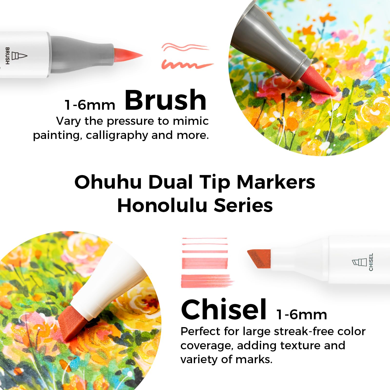 Ohuhu Alcohol Brush Markers 48 Mid-tone Colors- Double Tipped Alcohol Based Art Marker Set for Artists Adults Coloring Sketch Illustration- Brush & Chisel Dual Tips- Honolulu- Refillable
