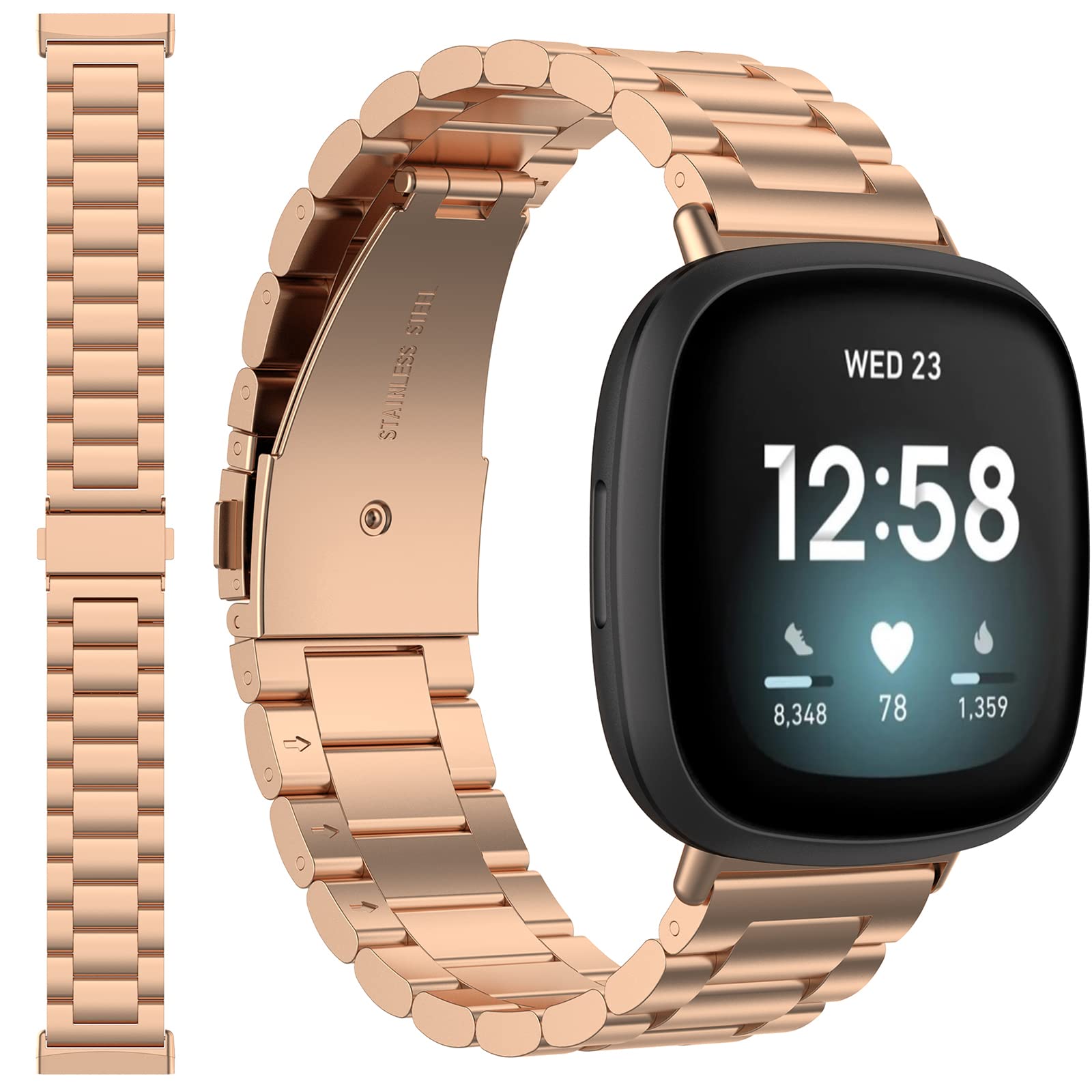 Miimall Metal Strap Compatible with Fitbit Versa 4/Fitbit Versa 3/Fitbit Sense 2/Fitbit Sense, Stainless Steel Band with Folding Clasp, Adjustable Replacement Bracelet Wristband, Rosegold