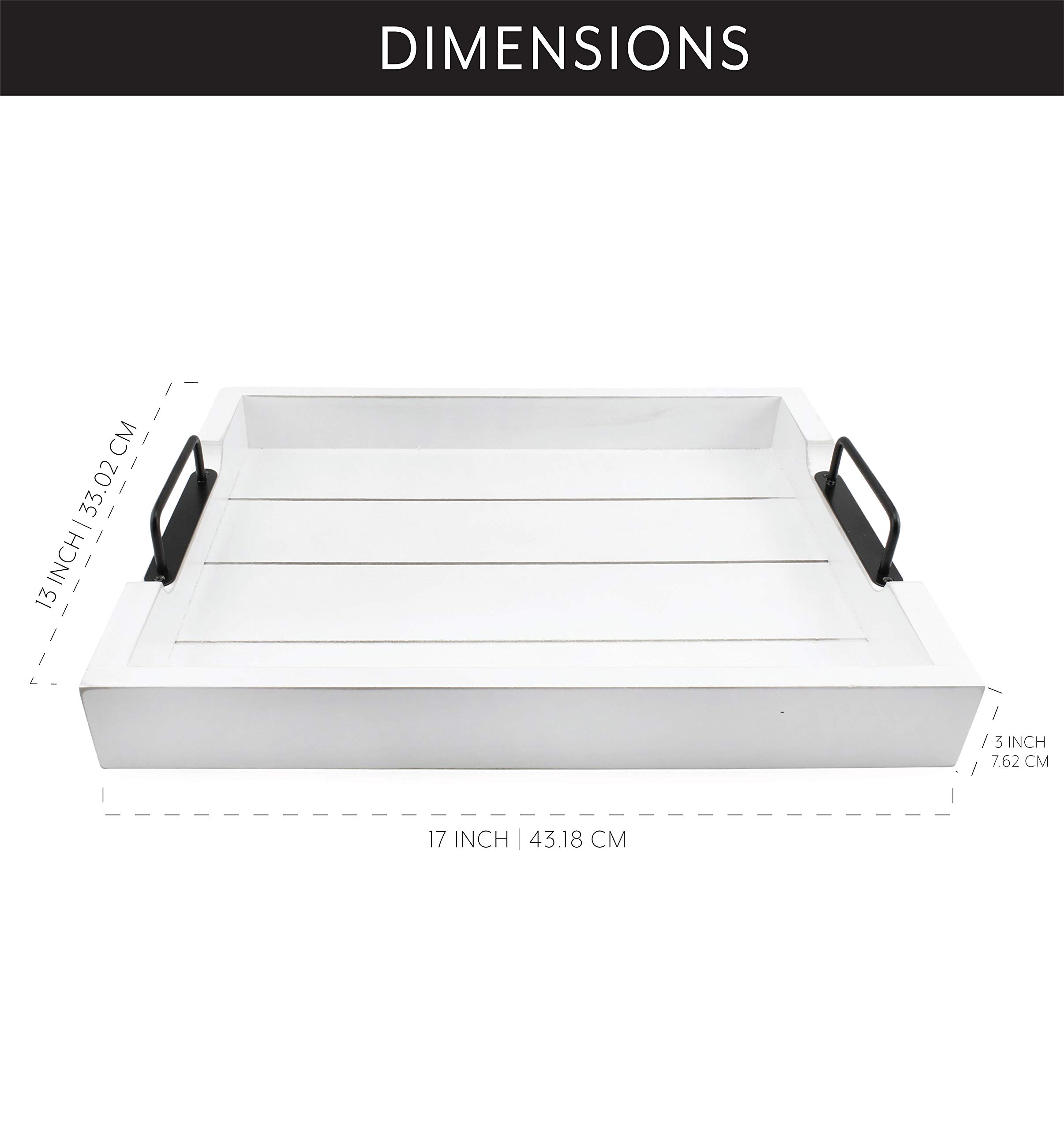AuldHome Rustic Wood Serving Tray; White Wooden Farmhouse Shiplap Decorative Ottoman Tray with Black Metal Handles, 17 x 13 Inches