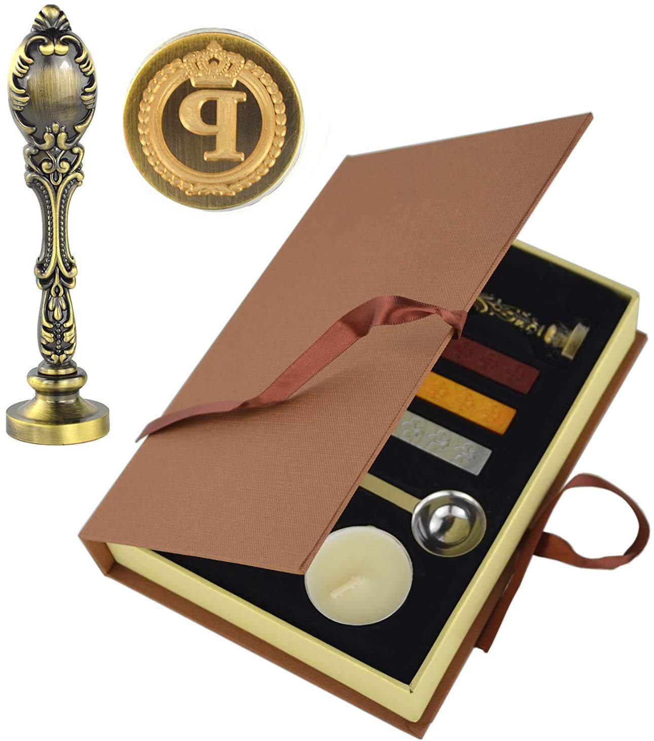 Hexint Vintage Initials Letter Wax Seal Stamp Kit，Retro Classical Sealing Wax Stamp with Metal Handle Gift Box Set Bronze Color(Letter P)