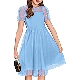 Arshiner Girls Dress Contrast Mesh Puffy Short Sleeve A Line Casual Party Dress 3-12 Years