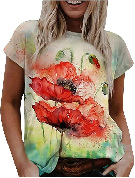 Women's Flowers Print TShirt Tops Fashion Casual Shirts Round Neck