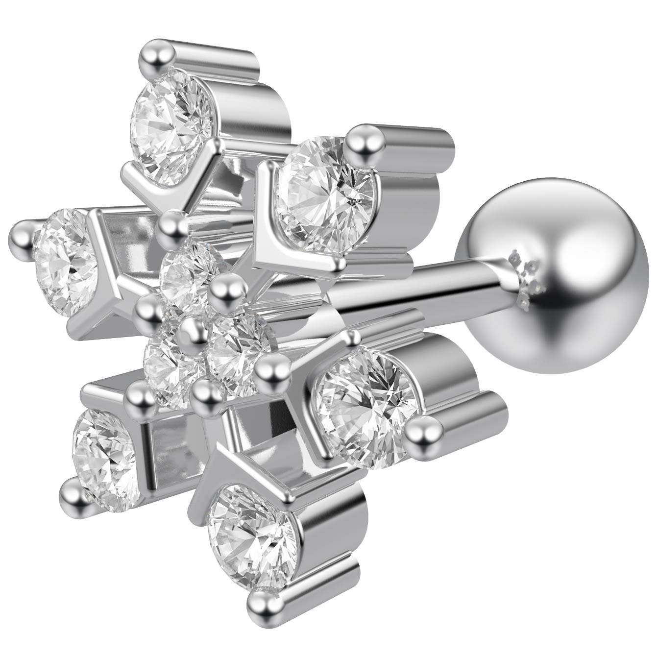 2pc 16g 1.2mm 6mm Cartilage Bar Earring Stud CZ Snowflake Barbell Helix Tragus Lobe Auricle Surgical Steel