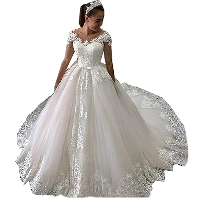 strapless open back dress Princess Tulle Off Shoulder Wedding Dresses,Short Sleeves Train Bateau –  Hoprom main image 1