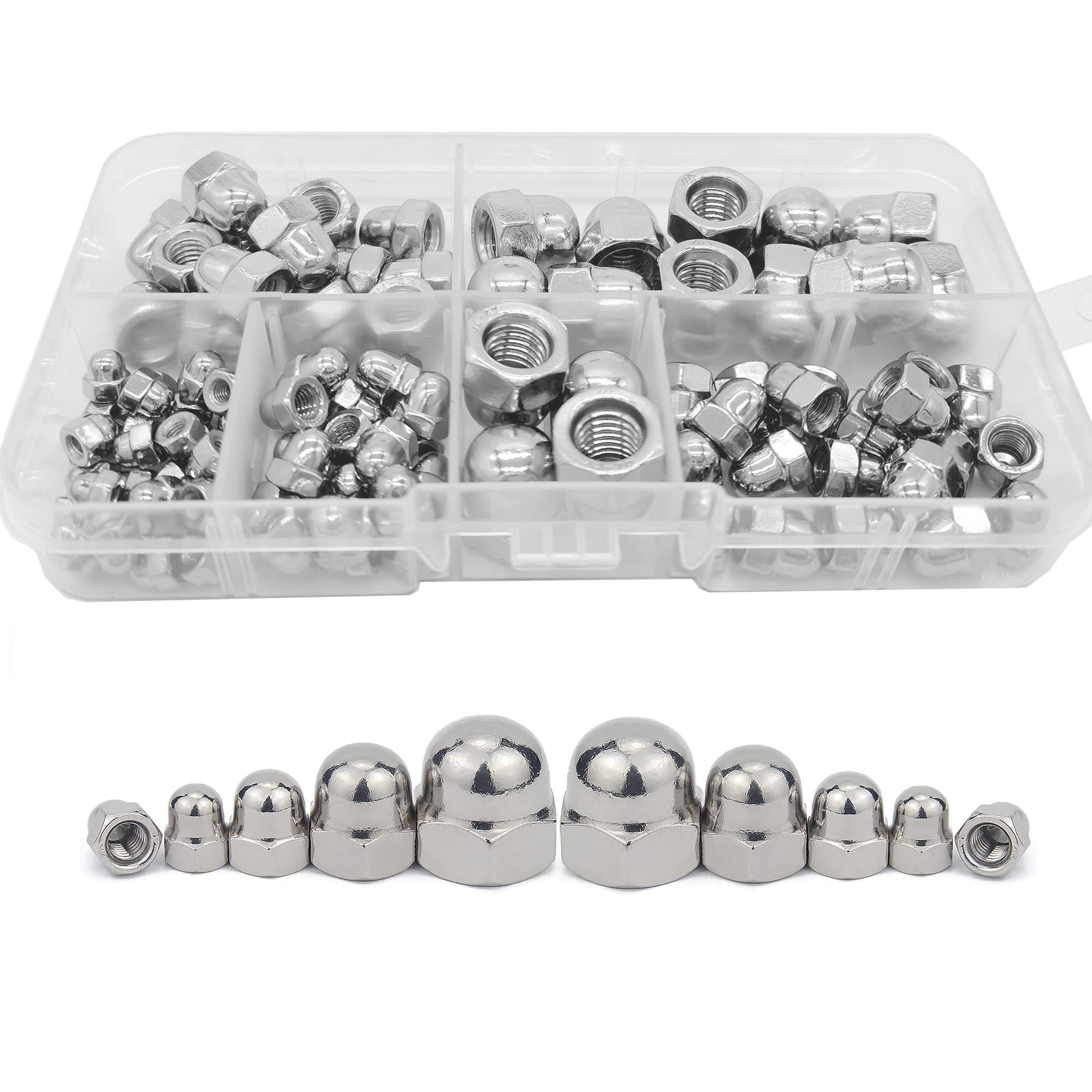 TA-VIGOR 100PPcs Acorn Dome Cap Nuts, Stainless Steel Head Cap Hex Nut, Acorn Thread Hex Cap Head Nuts Assortment Kit M8 M6 M5 M4 M3 for Screws Bolts Fasteners