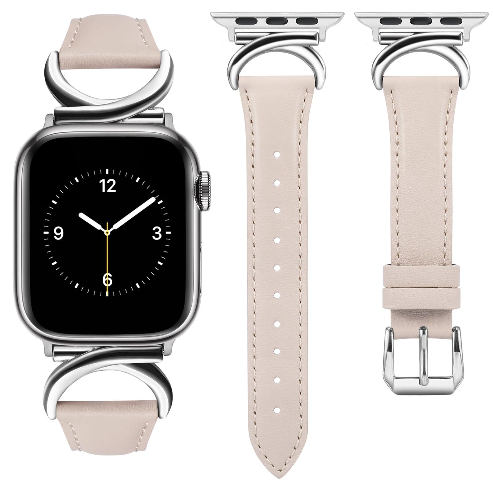 TOYOUTHS Leather Strap Compatible with Apple Watch Straps 41mm 40mm 42mm 38mm Women Slim Thin Dressy Strap with C-Shaped Metal Buckle for iWatch Series 11 10 9 8 7 6 5 4 SE 3 2 1, Starlight/Silver