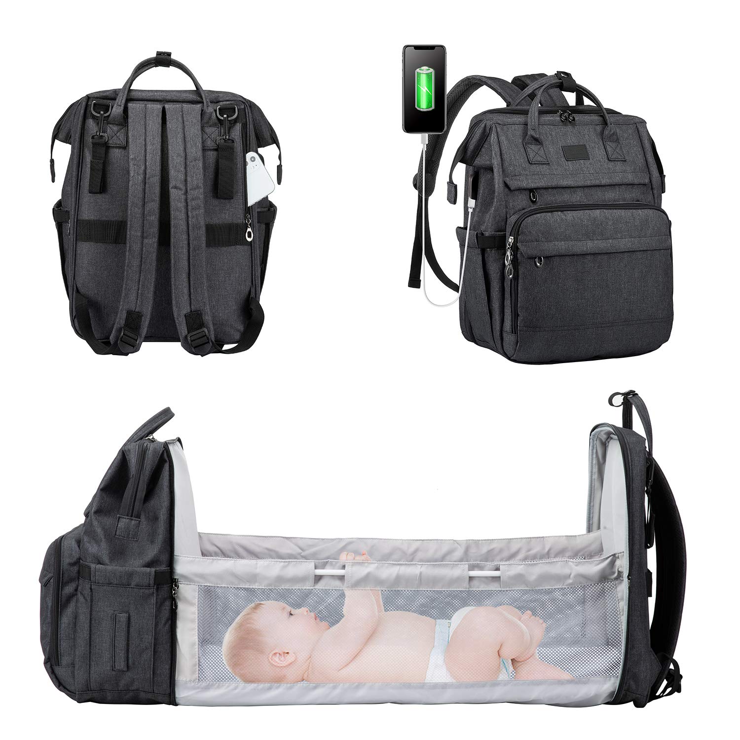 LOVEVOOK Baby Wickelrucksack mit Babybett Wickeltasche mit Kinderbett Wickeltasche Rucksack Groß Baby Sachen Wickelrucksäcke Kinderwagen Babytasche Mommy Bag, Schwarz