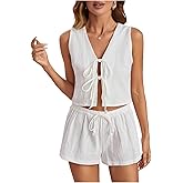WDIRARA Women's 2 Piece Set Tie Front V Neck Tank Drawstring Shorts Summer Outfits