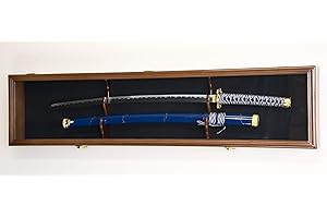 sfDisplay.com,LLC. Single Sword & Scabbard Display Case Cabinet Wall Rack Custom Colors - Lockable (Walnut Finish w/LED, Green Felt Background)