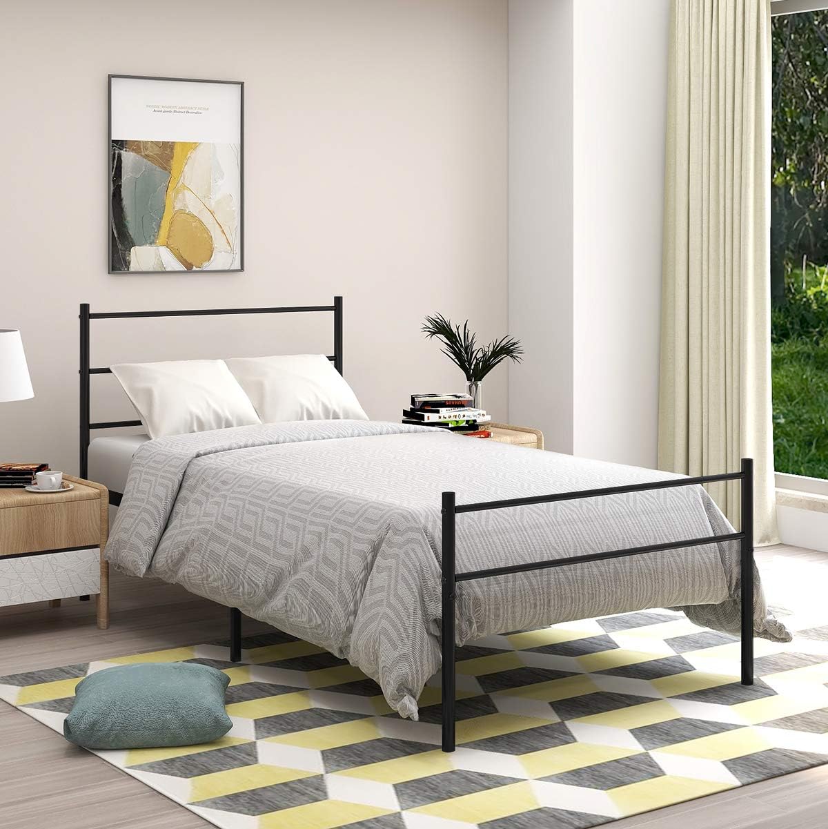 JURMERRY Double Bed Frame Metal Platform Assemble Easily Mattress on Top Steel Headboard and Footboard No Box Spring,Black