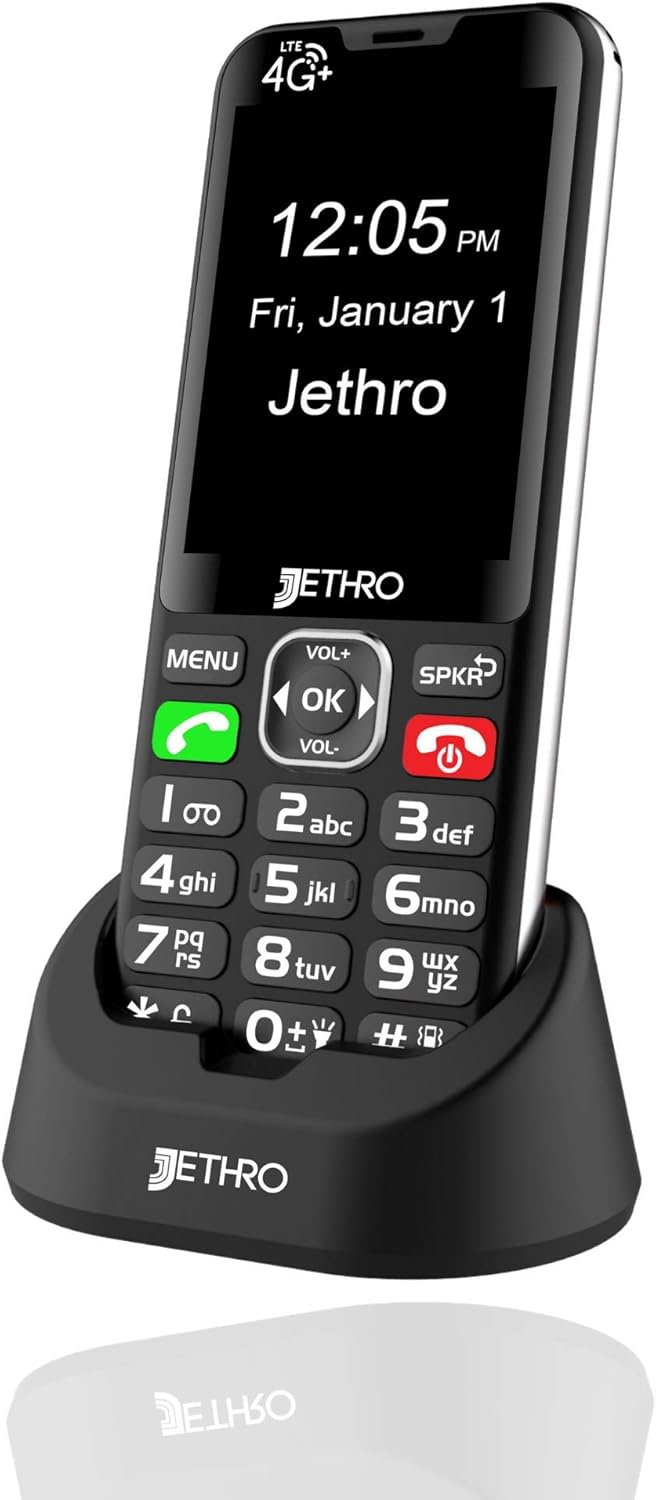 Jethro SC490 4G Unlocked Bar Style Senior Cell Phone for Elderly & Kids, Big Screen and Large Buttons, Hearing Aid Compatible with Charging Dock, FCC Certified.