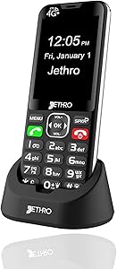 Jethro SC490 4G Unlocked Bar Style Senior Cell Phone for Elderly & Kids, Big Screen and Large Buttons, Hearing Aid Compatible with Charging Dock, FCC Certified.