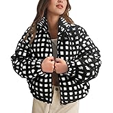Keeliya Womens Checkered Sherpa Jacket Cropped Long Sleeve Plaid Fleece Coats Casual Zip Up Gingham Outwear with Pockets