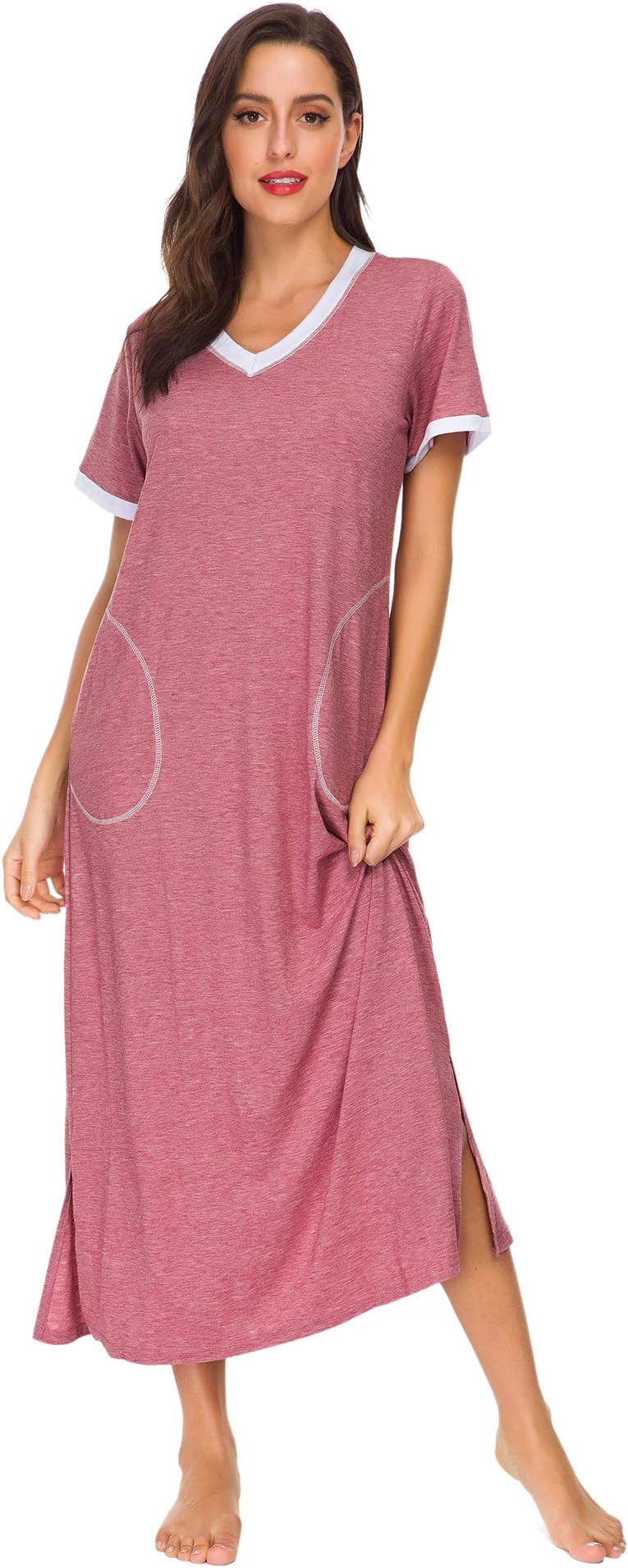 Women Sleepwear Nightshirt Short Sleeve Nightgown Full Length Sleep Dress