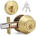 LOQRON Brushed Gold Round Design Single Cylinder Deadbolt with Keys, Exterior Keyed Dead Bolt Lock for Front Entrance Door Security, Satin Brass