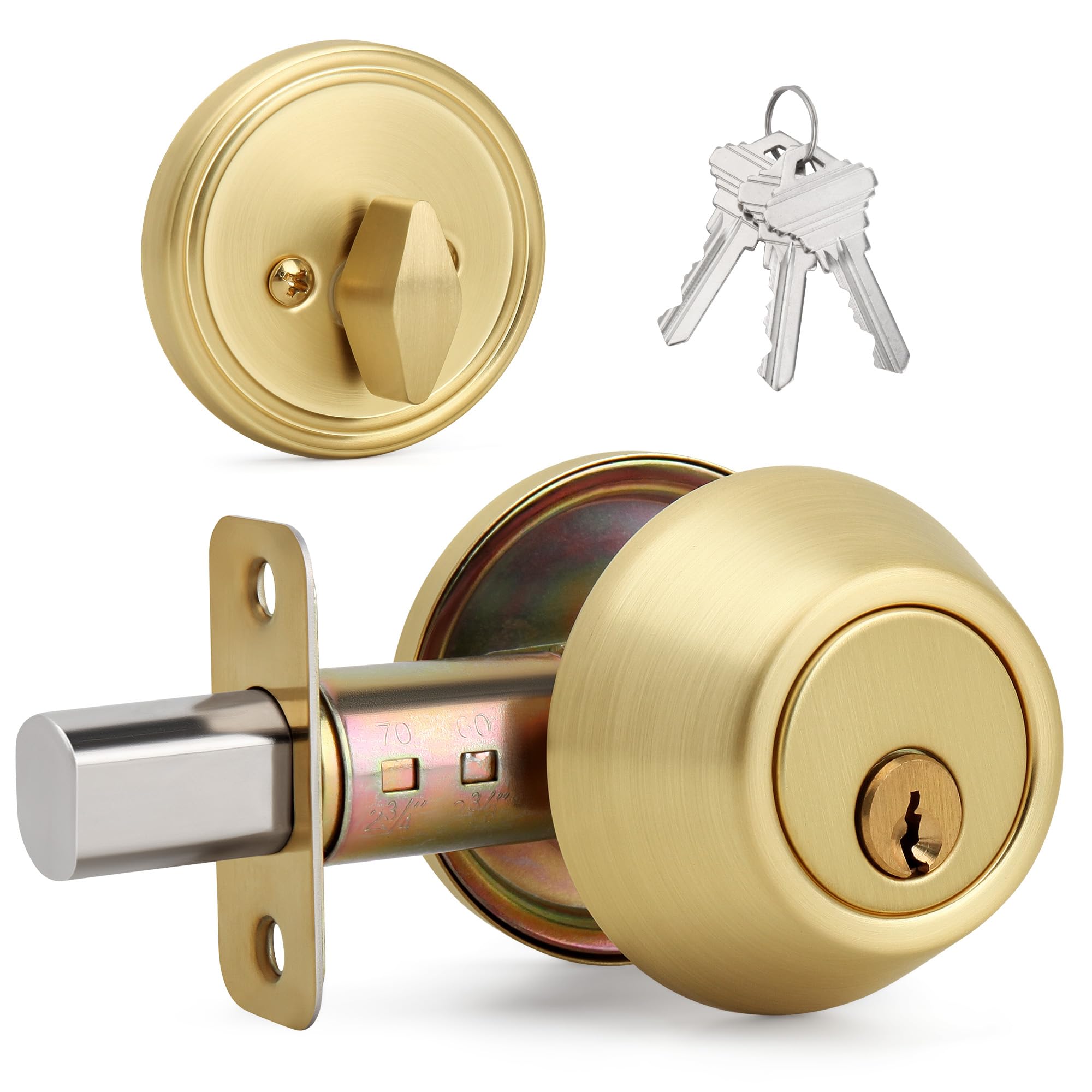 Photo 1 of LOQRON Brushed Gold Round Design Single Cylinder Deadbolt with Keys, Exterior Keyed Dead Bolt Lock for Front Entrance Door Security, Satin Brass