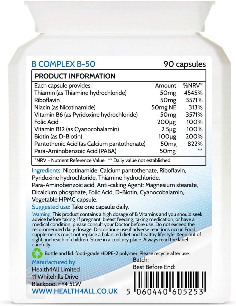 Health4All Vitamin B Complex B-50 90 Capsules, 3 Months Supply, High Potency Vegan B-Complex with PABA, 90 count (Pack of 1) - Image 3