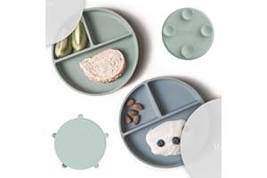 Moonkie Suction Plates for Baby | 100% Silicone BPA-Free Baby Plates with Lids and Food Cover | Divided Design | Microwave and Dishwasher Safe | Toddler Plates 2 Pack