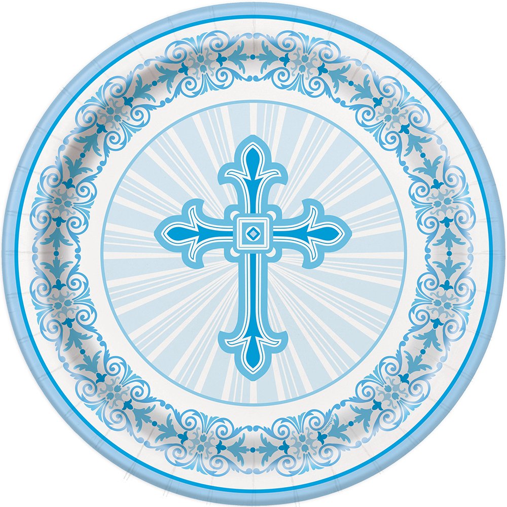 Unique Party 43825 - 23cm Radiant Cross Blue Religious Party Plates, Pack of 8