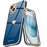 Teageo for iPhone 15 Case with Screen Protector [2 Pack] for Girl Women Cute Girly Love-Heart Luxury Gold Soft Cover Camera Protection Bumper Silicone Shockproof Phone Case for iPhone 15, Royal Blue